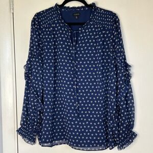 Talbots Floral Peasant Prairie Blouse Ruffle Long Sleeve Navy Blue Women XL